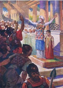 Il ragazzo Ioas incoronato re, da The Bible Picture Book pubblicato da Thomas Nelson, c.1950 da English School